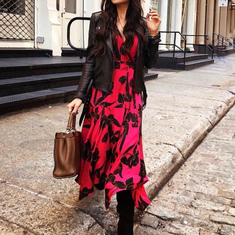 ALC Coral Hot Pink Floral Silk Wrap Cora Dress